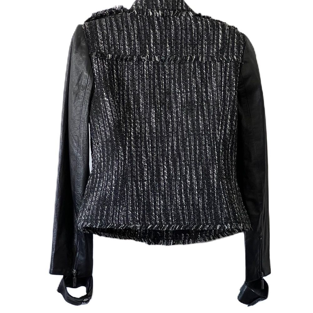 Stella & Jamie Blazer Jacket Sz M Black White Tweed Snap Closure Leather Arms - Picture 2 of 13